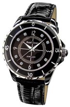 Gemorie Black Genuine Leather Round Shape with Cubic Zirconia in Rhodium Plating (129029)