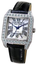 Gemorie Black Genuine Leather Square with Cubic Zirconia in Rhodium Plating (128954)