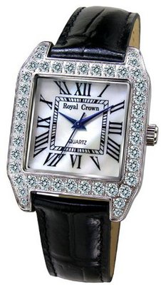 Gemorie Black Genuine Leather Square with Cubic Zirconia in Rhodium Plating (128954)