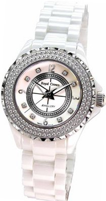 Gemorie  White Ceramic Round Shape with Cubic Zirconia in Rhodium Plating (129018)