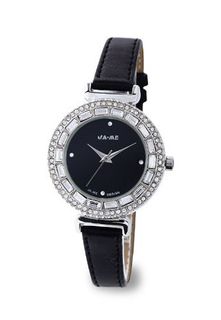 uGemorie Black Genuine Leather with Crystals in 18k White Gold Plated Stainless Steel (118030) 