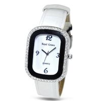 White Genuine Leather with Crystal in 18K White Gold Plated Stainless Steel (128905)