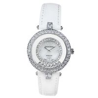 White Genuine Leather with Crystals in 18K White Gold Plated Stainless Steel (128944)