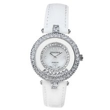 White Genuine Leather with Crystals in 18K White Gold Plated Stainless Steel (128944)