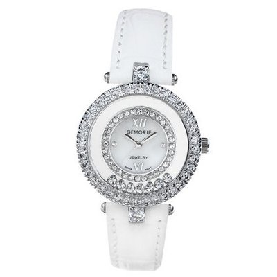 White Genuine Leather with Crystals in 18K White Gold Plated Stainless Steel (128944)
