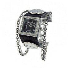 Geneva Platinum 12958912 Rhinestone Chain Studded Leather Cuff -BLACK/SILVER