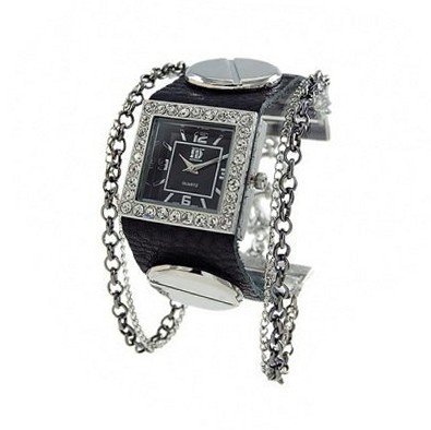 Geneva Platinum 12958912 Rhinestone Chain Studded Leather Cuff -BLACK/SILVER