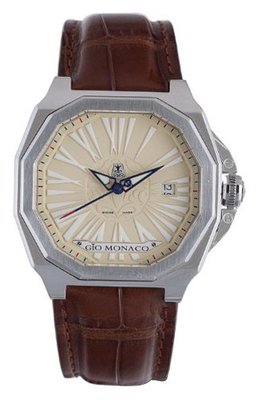 Gio Monaco 705-A Medusa Octagon Beige Dial Brown Alligator Leather