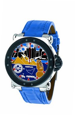 Gio Monaco 767-A2 Graffiti Automatic Geographic Scenes Dial Blue Alligator Leather