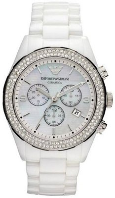 uGIORGIO ARMANI Emporio Armani Ceramica All White Crystals Set Chronogragh Bracelet Ar1456 