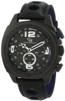 Giulio Romano GR-2000-13-003 Pescara Black IP Case with Blue Aluminum Pusher Black Leather with Blue Lining and Topstitching Dual-Time Day-Date