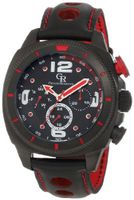 Giulio Romano GR-2000-13-004 Pescara Black IP Case with Red Aluminum Pusher Black Leather with Red Lining and Topstitching Dual-Time Day-Date
