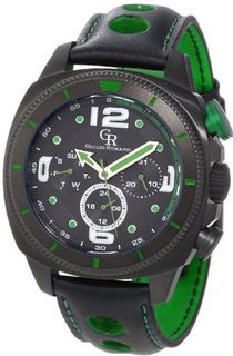 Giulio Romano GR-2000-13-006 Pescara Black IP Case with Green Aluminum Pusher Black Leather with Green Lining and Topstitching Dual-Time Day-Date