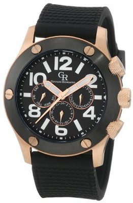Giulio Romano GR-3000-09-007 Piemonte Luminous Black Dial IP Case and Bezel Dual-Time Day-Date Black Silicone Strap