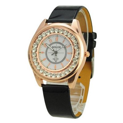 BOLUN 673 Rose Gold Dial Crystal Bezel Leather Band Quartz for  Waterproof- Black