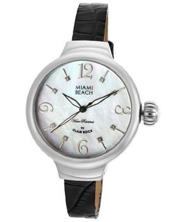 Miami Beach Art Deco White Mother Of Pearl Dial Black Genuine Leather