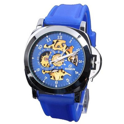 Goer Fashion  Blue Silicone Rubber Skeleton Mechanical Wrist