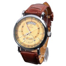 GOER Fashion  Date Calendar Brown Leather Band Mechanical Unisex Wrist
