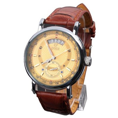 GOER Fashion  Date Calendar Brown Leather Band Mechanical Unisex Wrist