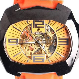 Goer Silicon Rubber Big Band Army Military  Auto Mechanical See Through Wrist Orange