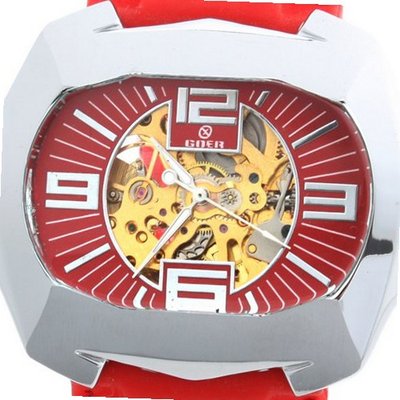 Goer Silicon Rubber Big Band Army Military  Auto Mechanical See Through Wrist Red