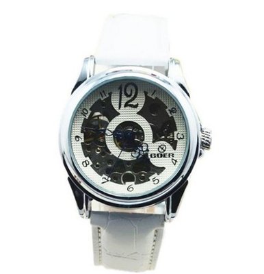 Goer Skeleton PU Band White Dial Mechanical Wrist