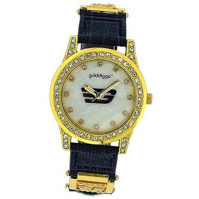Golddigga Ladies Analogue Mother Of Pearl CZ Set Bezel Blue Strap DIG36D