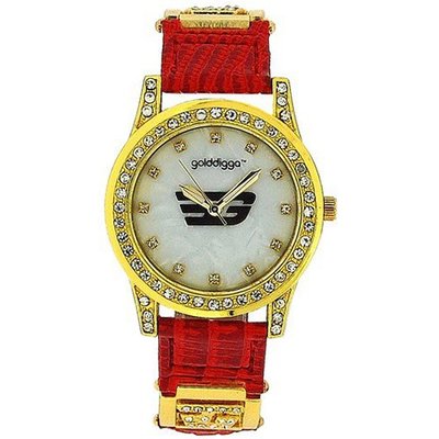Golddigga Ladies Analogue Mother Of Pearl CZ Set Bezel Red PU Strap DIG36C