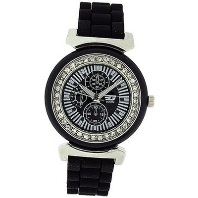 Golddigga Ladies Chrono Effecct CZ Set Bezel Black Silicone Strap DIG41B