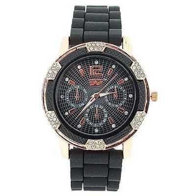 Golddigga Ladies Rose Gold Crystal Black Silicone Strap Fashion DIG68D