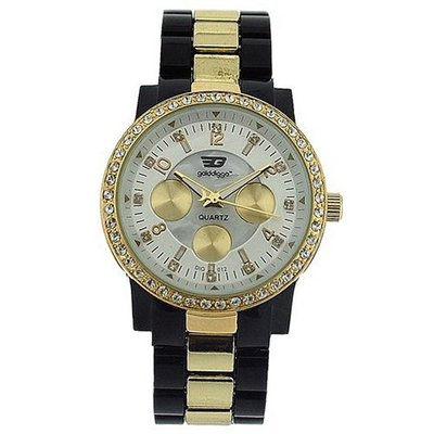 Golddigga Unisex Black & Gold Analogue CZ Bezel Metal Bracelet Strap DIG12B