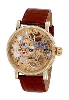 Gotham Gold-Plated Stainless Steel Mechanical Skeleton Leather Strap # GWC14058G