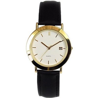 Gents Gold Tone Calendar Black Leather Strap Dress GOWT116