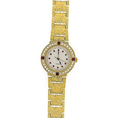 Ladies Red CZ Gold Tone Bracelet Strap Dress GOTW103