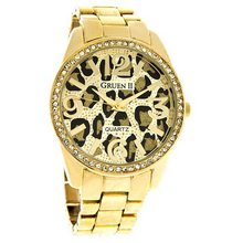 Gruen II Ladies Boyfriend Crystal Leopard Dial Gold Tone Quartz GRT921