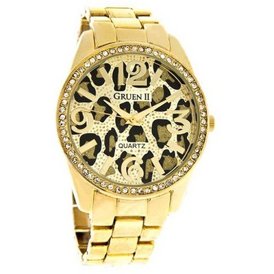 Gruen II Ladies Boyfriend Crystal Leopard Dial Gold Tone Quartz GRT921