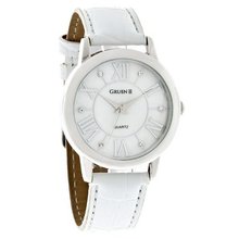 Gruen II Ladies Crystal 37mm MOP White Leather Strap Dress Quartz GRT944