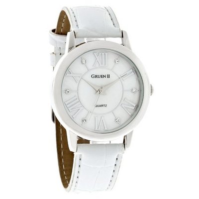 Gruen II Ladies Crystal 37mm MOP White Leather Strap Dress Quartz GRT944
