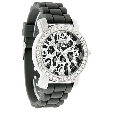 Gruen II Ladies Crystal Ice Leopard Print Gray Rubber Band Quartz GRT571