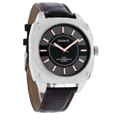 Gruen II Quartz 44mm GreyBlack Dial Brown Leather Strap Dress GRT614M