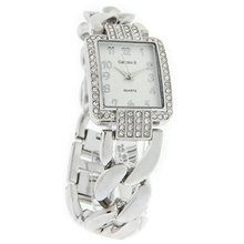 Gruen II Quartz Ladies Crystal Cuban Link Silver Tone Bracelet GRT909