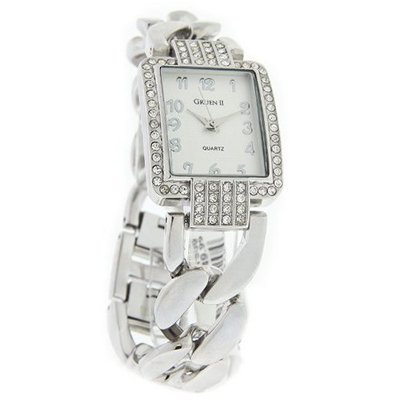 Gruen II Quartz Ladies Crystal Cuban Link Silver Tone Bracelet GRT909