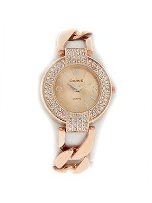 Gruen II Quartz Ladies Crystal Rose Gold Tone Cuban Link Bracelet