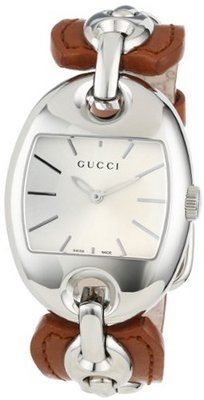 Gucci YA121309 Marina Chain Medium Steel and Brown Leather Bangle