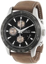 Gucci YA126240 "G-Timeless" Stainless Steel, Brown Leather, and Black Diamond-Pattern Dial