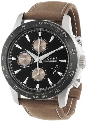 Gucci YA126240 "G-Timeless" Stainless Steel, Brown Leather, and Black Diamond-Pattern Dial