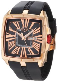 GV2 by Gevril 9001 Fiamme Square Rose Gold IP Coated Case Sapphire Crystal Black Dial Day-Date Rubber