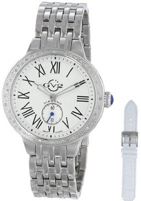 GV2 by Gevril 9100 Astor Stainless Steel Bracelet Interchangeable White Leather Strap Diamond Set
