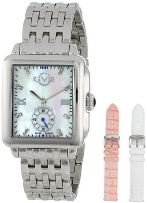 GV2 by Gevril 9200 Bari Rectangular Mother-Of-Pearl Diamond Bracelet and Leather Straps Set