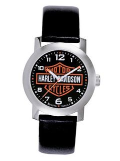 Harley Davidson Bulova 's Bar & Shield Logo . Tried and true. Black dial. Stainless steel case. Black leather strap. 76A04